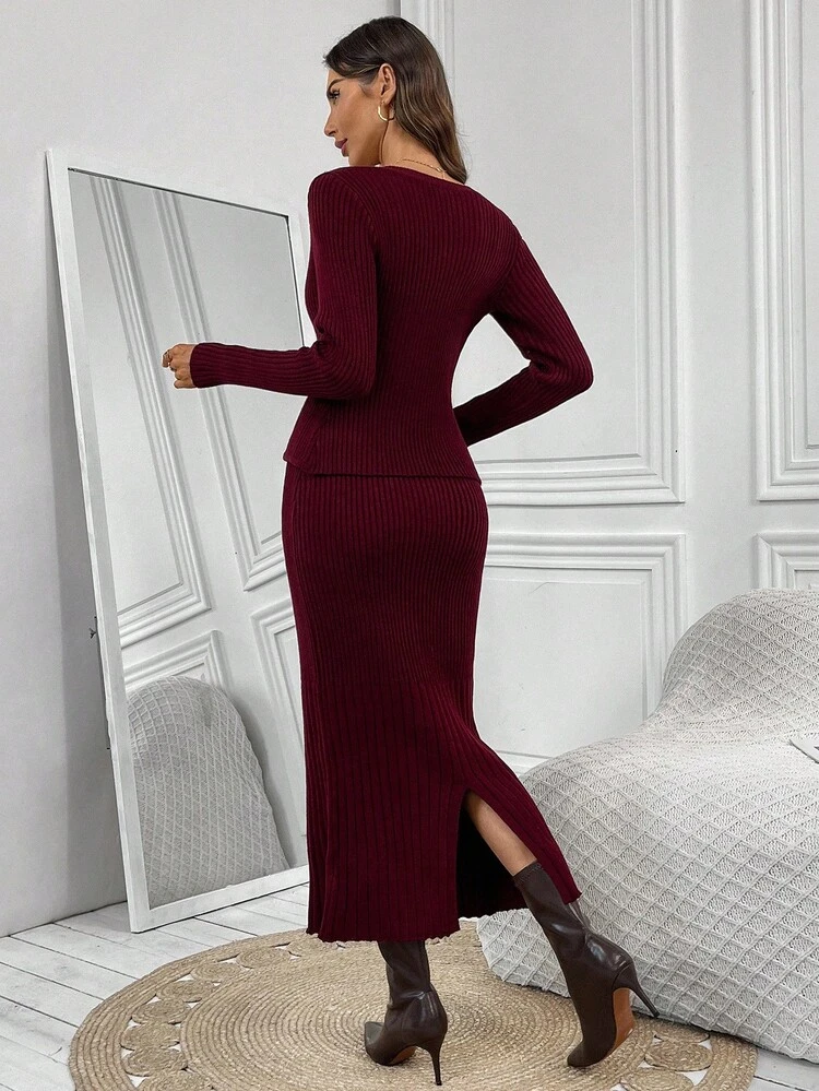 Women's Solid Color Single-Breasted Long Sleeve Knitted Cardigan And Knitted Pencil Skirt 2 Pieces Set, Fitted And Fashionable For Autumn/Winter
