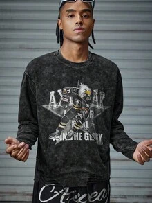 AXEPEAK Men's Street Style Graphic Print Crew Neck Long Sleeve T-Shirt - Black - View 6