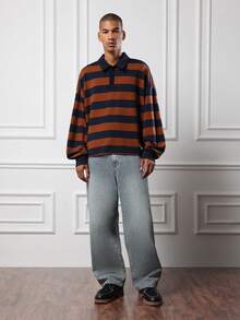Striped Boxy Fit Polo Long Sleeve Casual Knit Pullover Fall Winter Preppy Classic Collared Navy Brown Retro Style Modern Fashion Oversized Men Top - Blue - View 6
