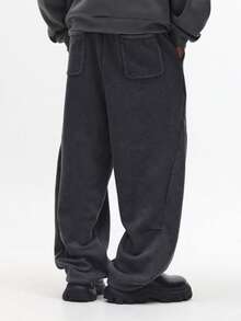 SUMWON 经典款重磅棉混纺拼接慢跑运动裤，宽松版型，休闲秋冬居家服，侧边口袋，弹性裤脚，纯色 - 深灰色 - 查看 3