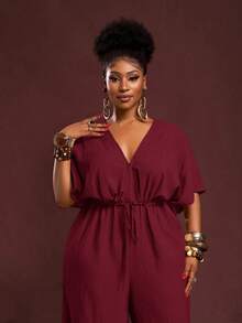 Veslaya 2025 Autumn & Winter New Arrivals, Women's Fall/Halloween/Winter Clothes, Plus Size, Music Festival/Halloween Outfits, Easter, Western, Boho, Birthday Party, Graduation, Student, Casual, Vacation, Cruise, Beach, Sunbathing, Fashionable, Women White Textured Loose Waist Wide Leg Jumpsuit, Plus Size - Burgundy - View 7