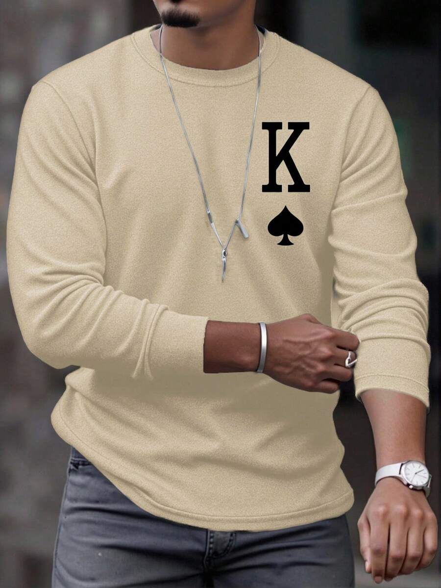 Manfinity Homme Men's Playing Card Print Round Neck Long Sleeve T-Shirt - Khaki - View 1