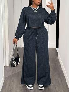 Slaydiva 2pcs Women Plus Streetwear Plus Size Snowflake Print Sweatsuit - Grey - View 3
