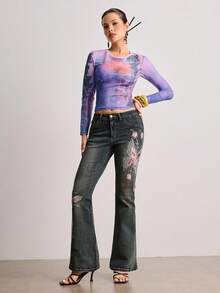 ROMWE Avant New Chinese Style Lotus Flower & Goldfish Calligraphy Text Sheer Blouse For Women - Multicolor - View 8