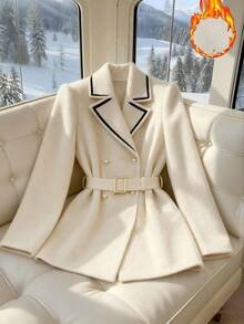GlowEve Áo khoác Blazer nữ thiết kế cổ áo tương phản, eo bó sát, kiểu dáng thanh lịch, thường ngày/công sở, màu mơ, tay dài, thu/đông - Màu be - Xem 7