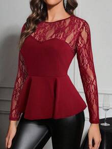 Gownix Burgundy Peplum T-Shirt For Women Elegant Knitted Fabric Top With Sheer Lace Yoke And Long Sleeves Regular Fit Round Neck - Burgundy - View 3