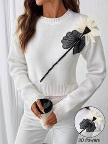 SHEIN LUNE Crew Neck Floral & Leaf Embroidered Contrast Color Cropped Women Sweater - Multicolor - View 1