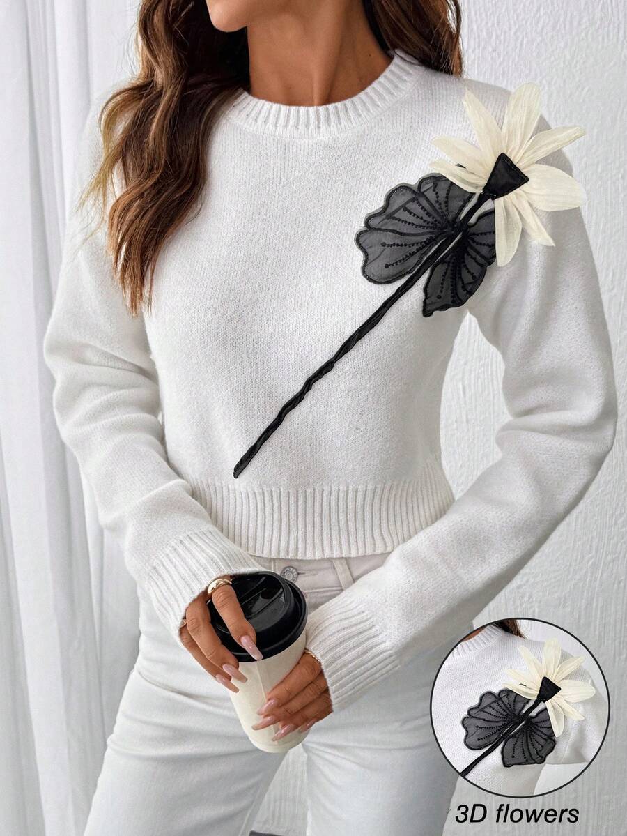 SHEIN LUNE Crew Neck Floral & Leaf Embroidered Contrast Color Cropped Women Sweater - Multicolor - View 1