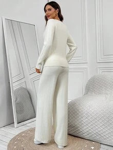SHEIN LUNE 2 件套女士优雅法式加厚保暖内衬套头衫套装，秋冬 - 米色 - 查看 2