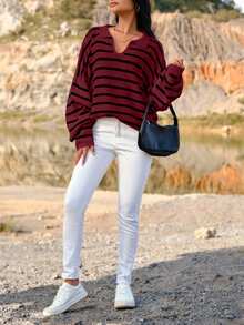 SHEIN Cottnline Plus Size Striped Pattern Polo Collar Casual Long Sleeve Sweater - Burgundy - View 4