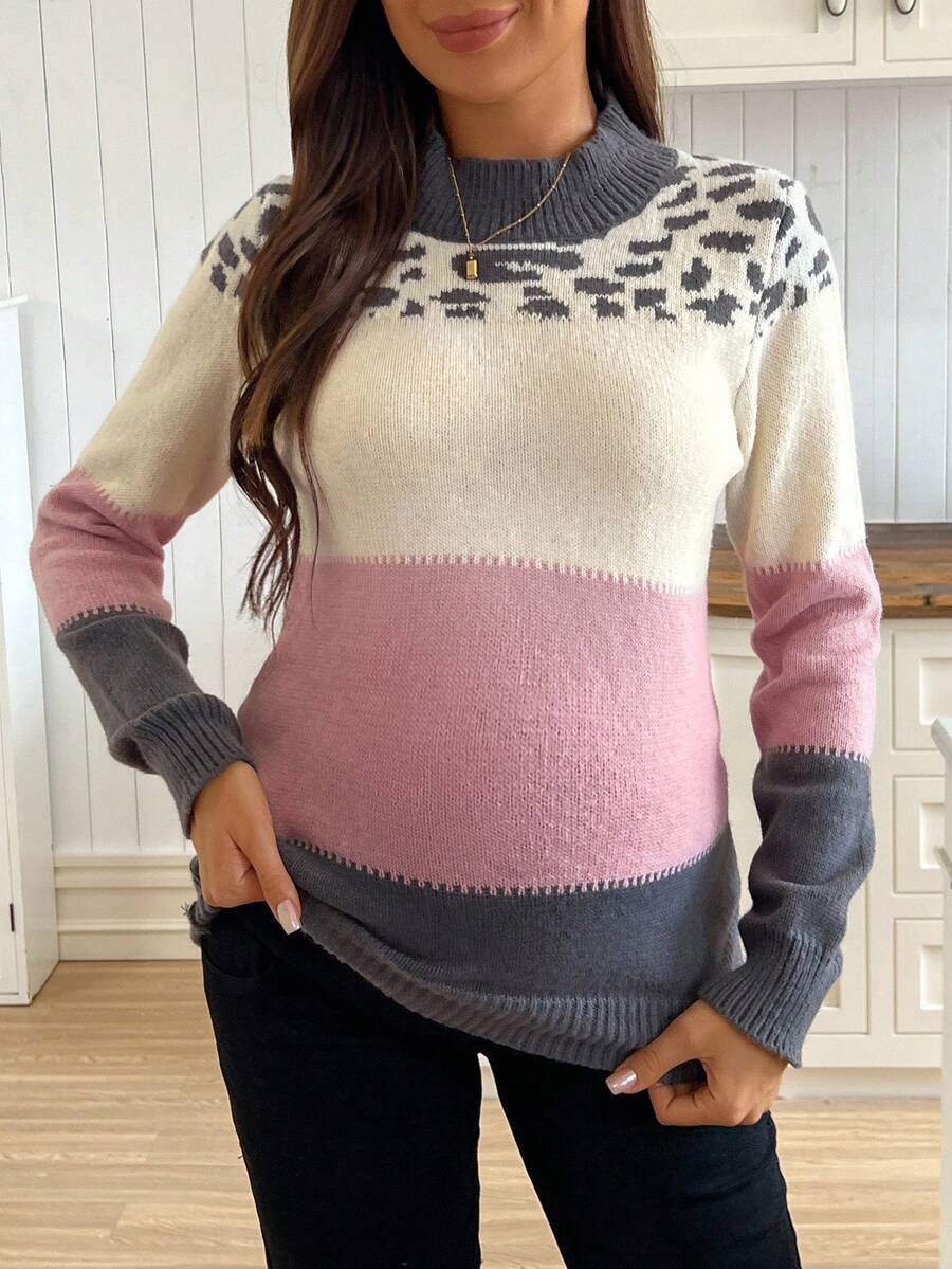 SHEIN Versatile Casual Loose Fit Crew Neck Long Sleeve Pullover Maternity Sweater - Multicolor - View 1
