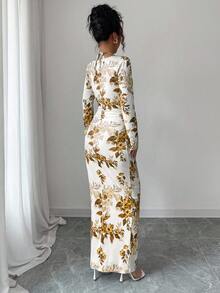 Elenzga 新款蓝白花卉印花性感优雅垂坠领荷叶边系腰紧身迷你连衣裙，秋冬汗衫连衣裙 - 棕色 - 查看 2