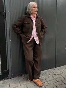 Vivie Lora مجموعة قميص وبنطلون من خليط الكتان البني للنساء قطعتان - بني - مشاهدة 5