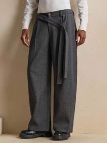 AKNOTIC Business Casual 男士休闲宽松纽扣阔腿裤 - 黑色 - 查看 2