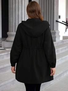 SHEIN LUNE Áo khoác dài tay thường ngày có mũ trùm đầu màu trơn cỡ lớn, có khóa kéo phía trước, quần áo thu cỡ lớn - màu đen - Xem 2
