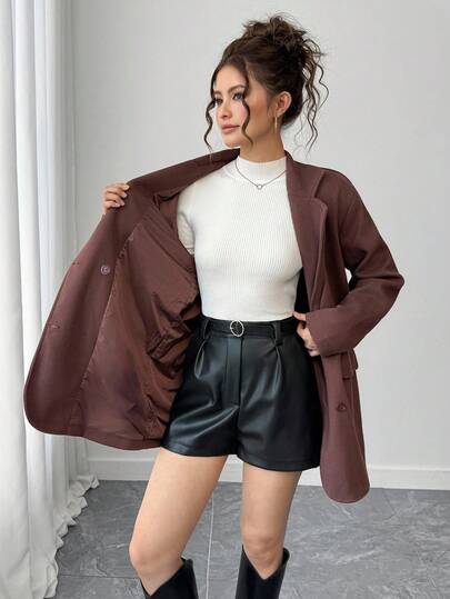 Sparklyn Teen Girls Casual Loose Fit Dark Color Dirt-Resistant Commuting Casual Elegant Sophisticated Blazer Fall Winter