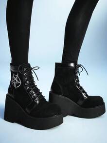 Sugerpunk Women's Casual Party Chunky Heel Ankle Boots, Gothic Punk Style Round Star Embroidery Lace-Up With Back Zipper, Black High Heel Thick Bottom Wedge Motorcycle Boots - Black - View 3