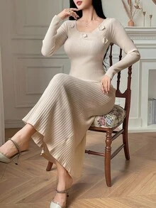 DAZY Váy len dài trễ vai cổ lọ cho nữ, váy dày cho mùa đông - Màu be - Xem 5