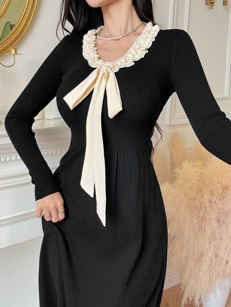 French Elegant Style Women's Waist Cinched Slim Fit Knit Sweater Dress, Autumn/Winter