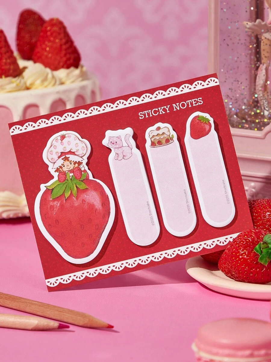 Strawberry Shortcake X SHEIN 80 Pcs Cute Strawberry Cartoon Sticky Notes, 4 Patterns With 20 Sheets Each, Suitable For Notes, Journals, Memos, And Decorating Anything You Want, Strawberry, Cat, Cake,Gift Ideas - Burgundy - View 1