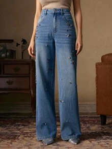 Anewsta Streetwear Fashion Heavy Handcrafted Rhinestone Embellished Women's Blue Denim Straight Leg Jeans, Suitable For Fall, Winter, Spring, Summer, New Year, Party, Wedding, Elegant, Chic, Stylish, Christmas, Business Casual, Going Out - Blue - View 7