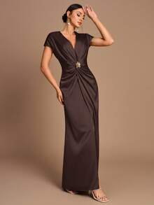 SHEIN Belle Elegant Romantic Coffee Color Pleated Short Sleeve A-Line Split Bridesmaid Dress