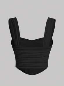 Tween Girls Cute Summer Sweetheart Collar Romatic Solid Ruched Wide Strap Top,French Elegance - Black - View 3