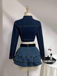 Elamini Women's Casual Fashion Street Snap Flap Pocket Cropped Denim Jacket, Spring/Autumn - Blue - View 2