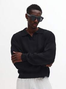 SUMWON 复古翻领 Polo 针织衫 长袖 休闲秋冬套头衫 经典复古风格 法式毛圈布罗纹袖口 常规版型 纯色 - 黑色 - 查看 4