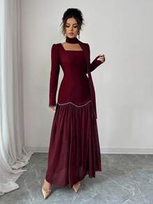 Elenzga Elegant Romantic Pearl Decor Puff Sleeve Square Neck Waist Fitted A-Line Dress For Women - Burgundy - View 5