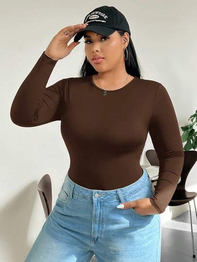 SHEIN PETITE CURVE Bodysuit de Manga Longa com Gola Redonda, Elástico e Cor Sólida, Plus Size