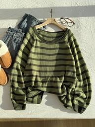 Comfortcana Plus Size Plus Size Striped Raglan Sleeve Long Sleeve Casual Sweater, Autumn/Winter