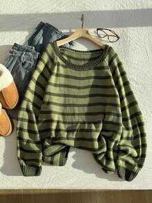 Comfortcana Plus Size Plus Size Striped Raglan Sleeve Long Sleeve Casual Sweater, Autumn/Winter - Green - View 1