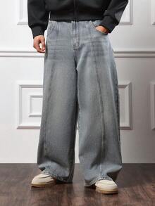 SUMWON Ultra Wide Leg Denim Jeans With Front Seam Paneling Barrel Fit High Rise Waist Panel Construction Fall Winter Collection Loose Streetwear Daily Casual Plain - Medium Wash - View 4