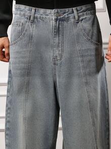 SUMWON Ultra Wide Leg Denim Jeans With Front Seam Paneling Barrel Fit High Rise Waist Panel Construction Fall Winter Collection Loose Streetwear Daily Casual Plain - Medium Wash - View 6