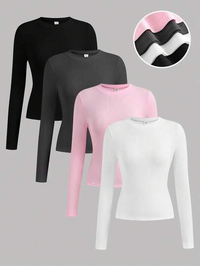 SHEIN Girlism 4pcs/Set Teen Girls' All-Match Crew Neck Long Sleeve Casual Solid Color T-Shirts, Black, White, Pink, Dark Grey Fall Winter