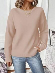 EMERY ROSE 女士纯色简约圆领长袖毛衣，日常穿着 - 卡其色 - 查看 6