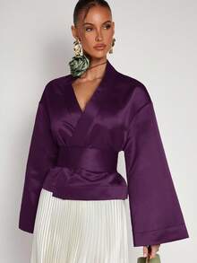 COSMINA Áo cánh dài tay thanh lịch màu trơn cổ chữ V dành cho nữ - Màu tím - Xem 1