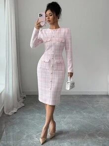 Elenzga 女士秋冬新款通勤百搭修身收腰圆领针织连衣裙