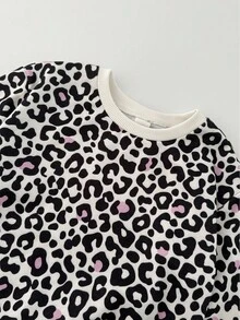 THE HAPPY LOOK 2pcs Young Girl Leopard Print Knit Soft Crew Neck Long Sleeve Pullover Sweatshirt And Elastic Waist Jogger Pants Set - Apricot - View 6