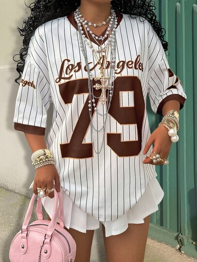 Rovax Women Casual Contrasting Stripe Letter And Number Print T-Shirt Graphic Tees Women Tops