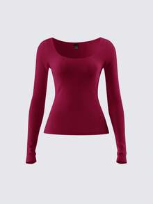 SHEIN BASICS 女士休闲纯色针织修身长袖圆领常规T恤Playera Manga Larga Damawhite上衣长袖基本款长袖上衣 - 酒紅色 - 查看 3