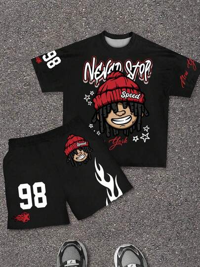 SHEIN 两件套男童休闲时尚酷炫经典城市名称“纽约”文字，卡通人物戴着针织帽，星星图案印花，数字“98”文字，火焰图案短袖圆领T恤和短裤套装，适合夏季，Y2K风格