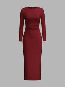 SHEIN EZwear 大码女装冬季连衣裙，女士长袖连衣裙，派对礼服，圆领修身休闲连衣裙，黑色修身长裙，黑色中长裙，曲线黑裙，长袖黑裙 - 酒紅色 - 查看 1