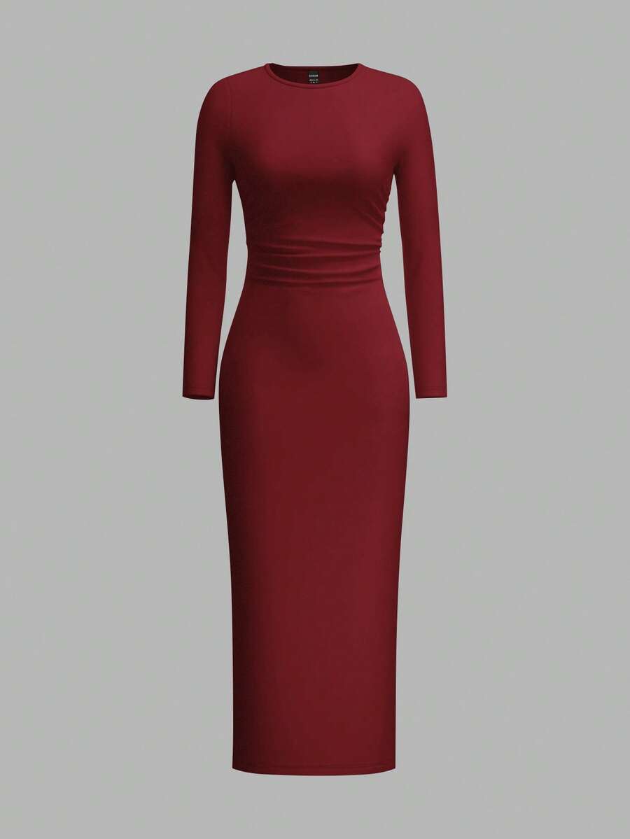 SHEIN EZwear 大码女装冬季连衣裙,女士长袖连衣裙,派对礼服,圆领修身休闲连衣裙,黑色修身长裙,黑色中长裙,曲线黑裙,长袖黑裙 - 酒紅色 - 查看 1