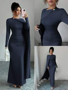 Elenzga 夏季新款天蓝色优雅派对生日宴会礼服，百搭裹腰褶皱长款女式连衣裙 - 藏蓝色 - 查看 1