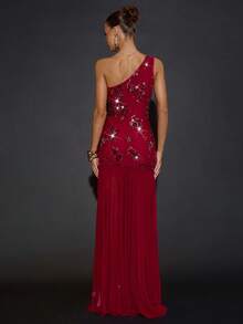 SHEIN BAE Váy dự tiệc cocktail mùa thu/đông thêu vai lệch vai đính sequin trang trí, váy thanh lịch, hẹn hò lãng mạn, tiệc tùng, tụ họp trang trọng, váy dự tiệc đêm, váy dự tiệc cưới, váy Halloween, váy Giáng sinh - Màu Đỏ Sâu - Xem 2