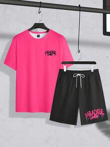 Manfinity LEGND 2pcs/Set Plus Size Men Letter Print Round Neck Short Sleeve Casual T-Shirt And Drawstring Waist Shorts Suit - Multicolor - View 3