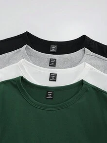 SHEIN Tall CURVE Plus Size 4-Piece Set Solid Color Cropped Round Neck Short Sleeve Fitted Women T-Shirt, Suitable For Summer - Dark Green - View 3