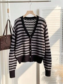 SHEIN EZwear Plus Size Coats Halloween Gothic Black And Gray Striped Knitted Cardigan Striped Cardigan Winter Fall Autumn - Multicolor - View 5